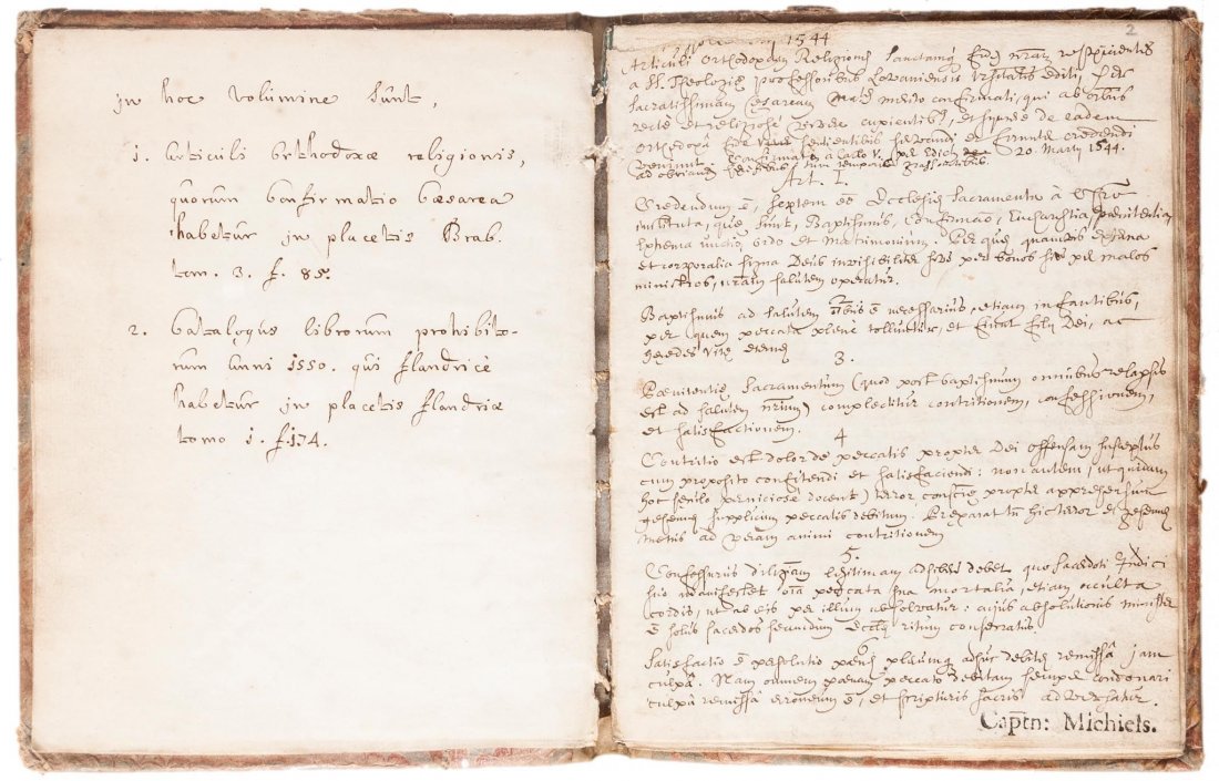 Prohibited Books.- Articuli orthodoxae religionis [&]: Prohibited Books.- Articuli orthodoxae religionis [ & ] Catalogus librorum prohibitorum annis 1550 , manuscript in Latin, title and 16pp. excluding blanks, ink stamp of Captain Michiels at tail of fir