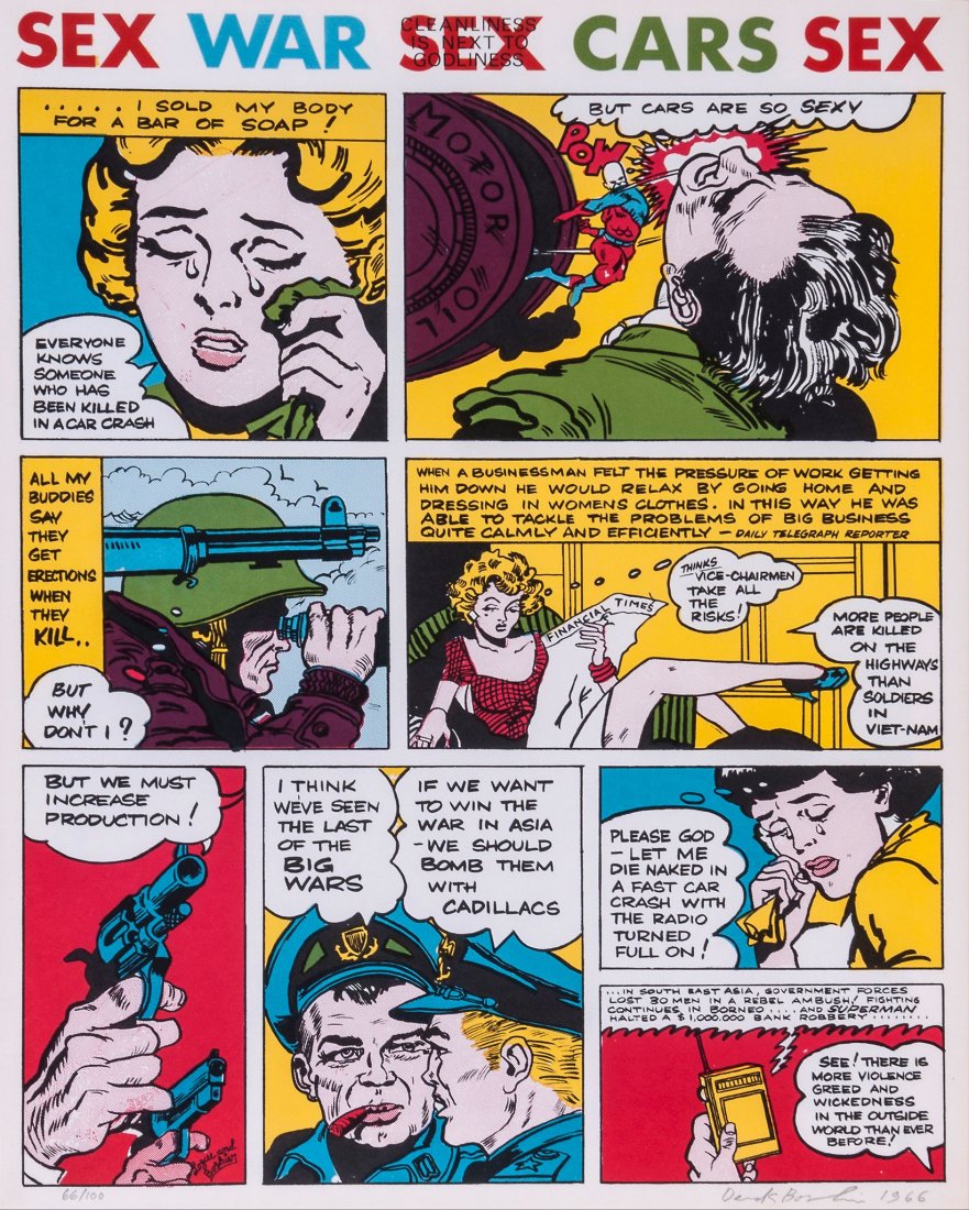 Derek Boshier (b.1937) - Sex War Sex Cars Sex: screenprint in colours, 1966, signed and dated in pencil, numbered 66/100, published in collaboration with the poet Christopher Logue, on wove paper, with full margins, 583 x 445 mm (23 x 17 1/2 in) I