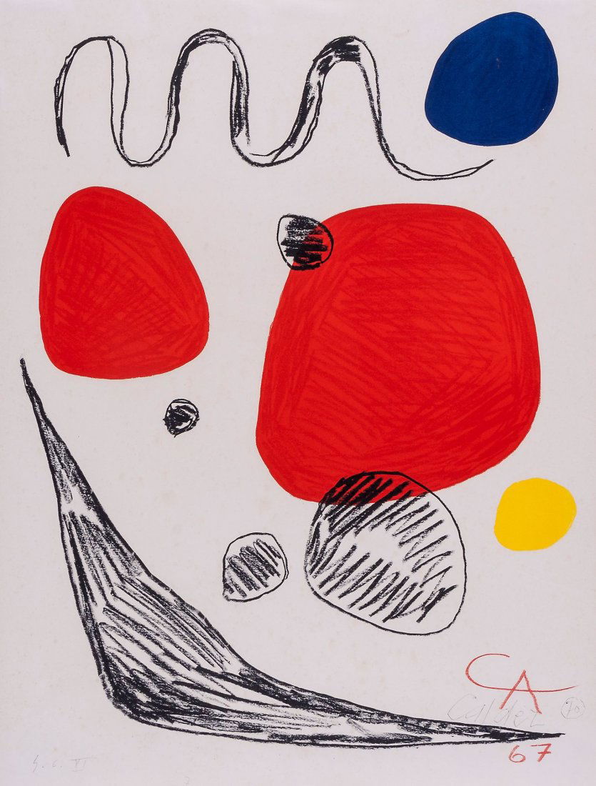 Alexander Calder (1898-1976) - Red, Blue and Yellow: lithograph printed in colours, 1967, signed and dated 1970 in green ball-point pen, inscribed S.C.XI in pencil, the edition was 200, on Rives paper, with full margins, sheet 648 x 497 mm (25 1/2 x 19
