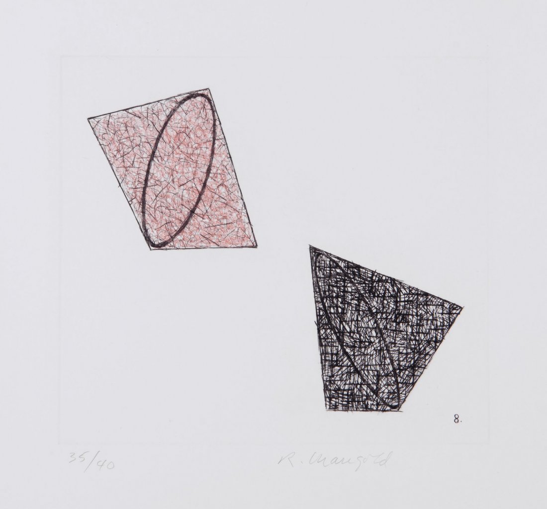 Robert Mangold (b.1937) - Untitled (2): two etchings with drypoint and aquatint printed in colours, 1989, each signed in pencil and numbered 35/40, published by Simmelink Sukimoto, Los Angeles, on wove paper, with full margins, each sheet 3
