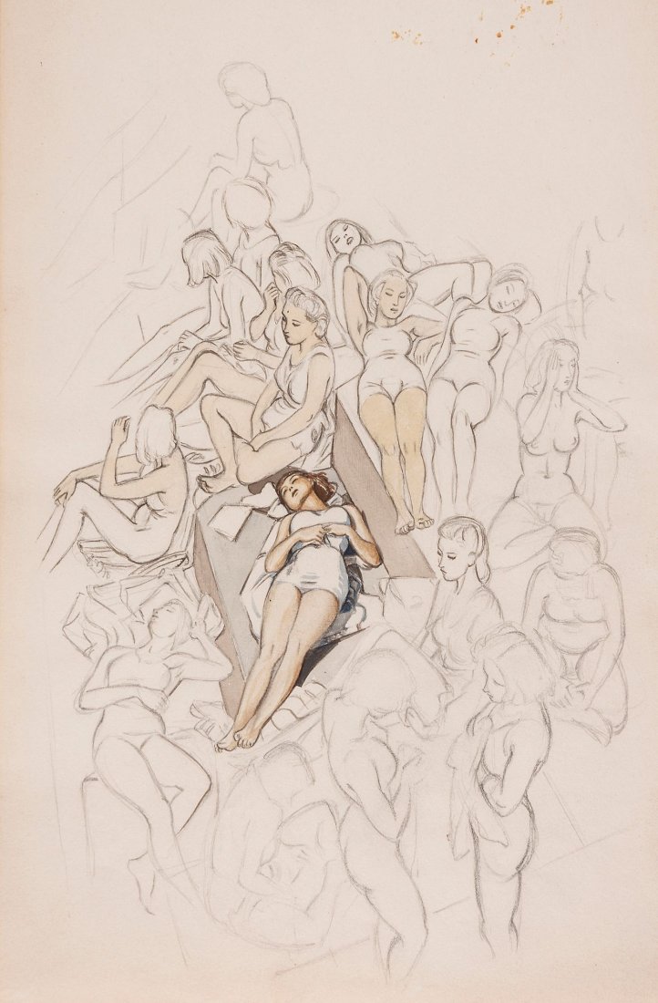 Buckland Wright (John) - The Turkish Bath,: original unfinished pencil drawing, with some watercolour of collection of female figures in a sauna, stamp on verso from the studio of John Buckland Wright, approx. 370 x 250mm, n.d.[c.1948]