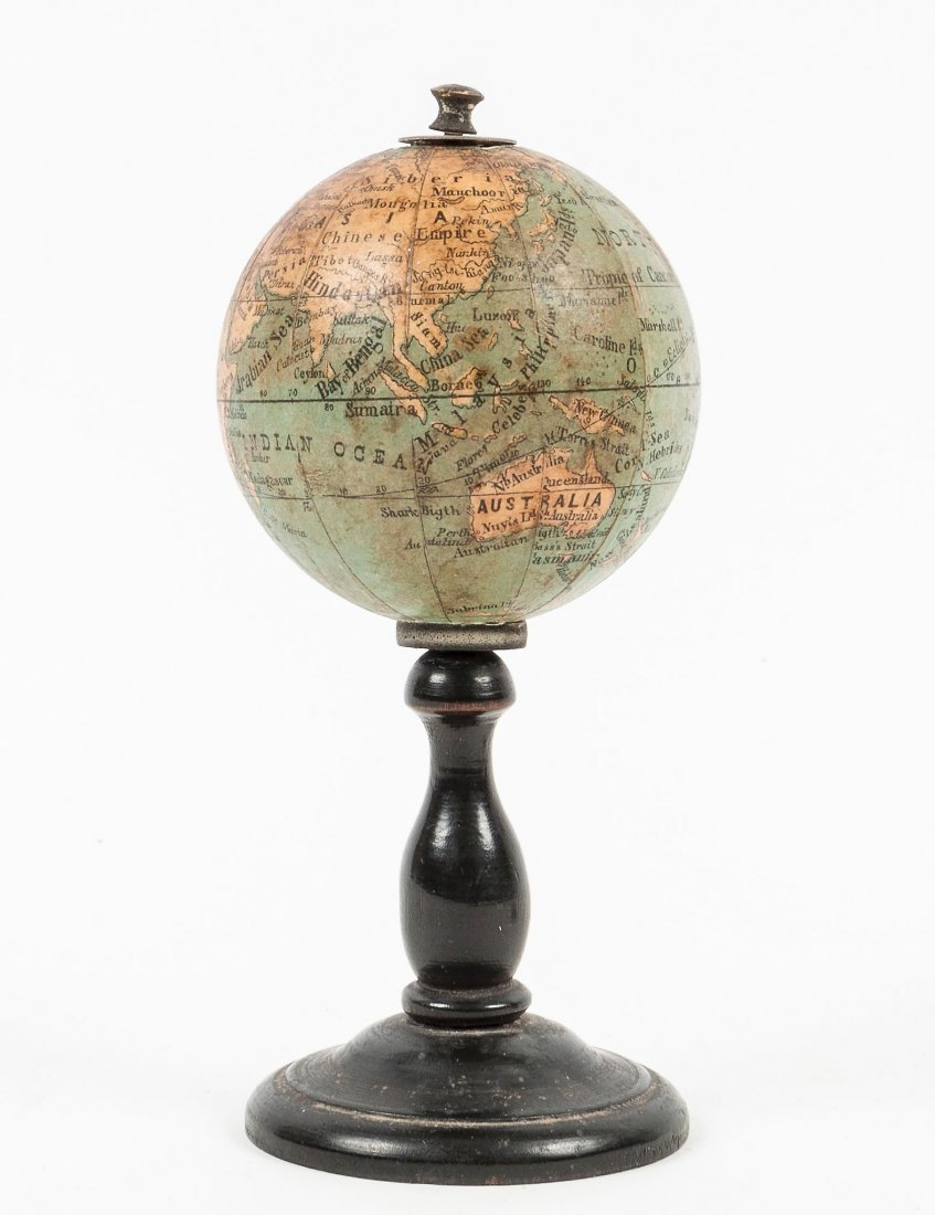 Miniature Terrestrial Globe,: on wooden stand, 12 chromolithographed gores , 14 cm. high, dia. 6.5 cm. (approx), early 20th century