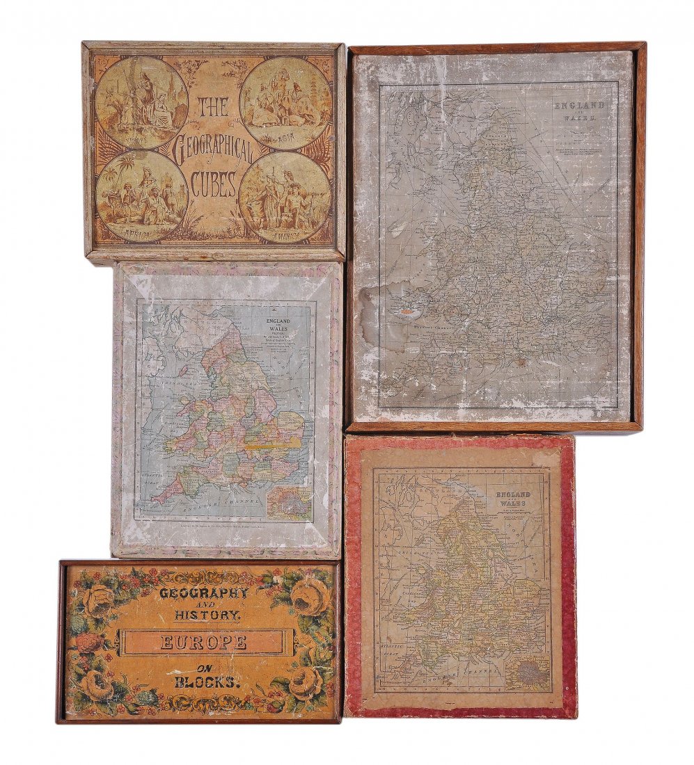 Block puzzle. Philip (George and Son) - The: the former of 6 maps dissected and mounted on cubes, the latter map dissected into rectangles with a picture game on the reverse, colour-printed maps mounted on wood, some surface wear, preserved in c