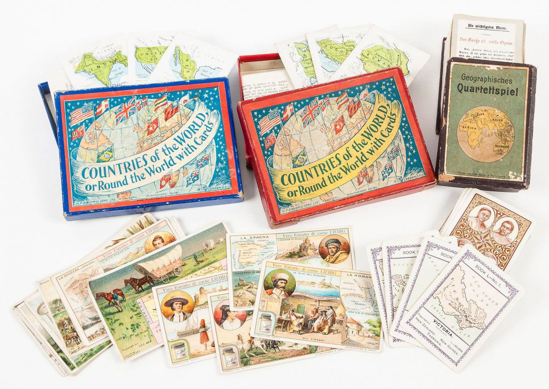 Gibson (H.P., & Sons) - Countries of the World, or: card game, cards printed with chromolithographed maps, presented in original card box, with printed illustration pasted onto lid, printed rules enclosed ; with another example of the game in original