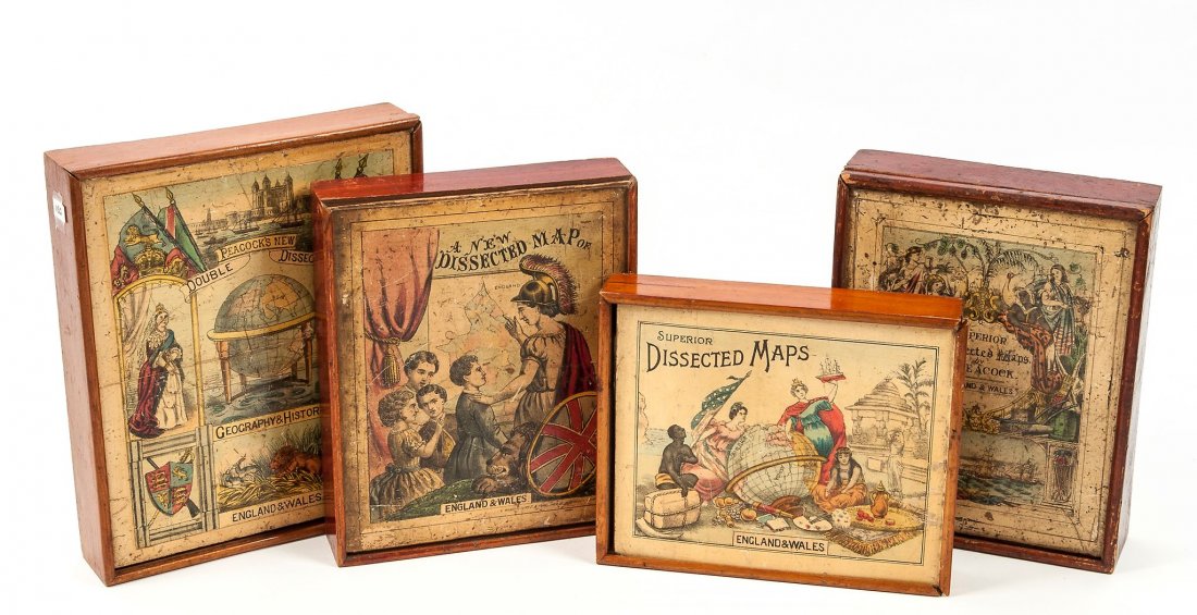 Jigsaw. Peacock (William & Son) - A group of 5 boxed: including 1 double-sided History and Geography puzzle with the kings and queens of England on verso, the maps by Gall & Inglis, Cruchley and others, 2 supplied with key maps, engraved maps with origin