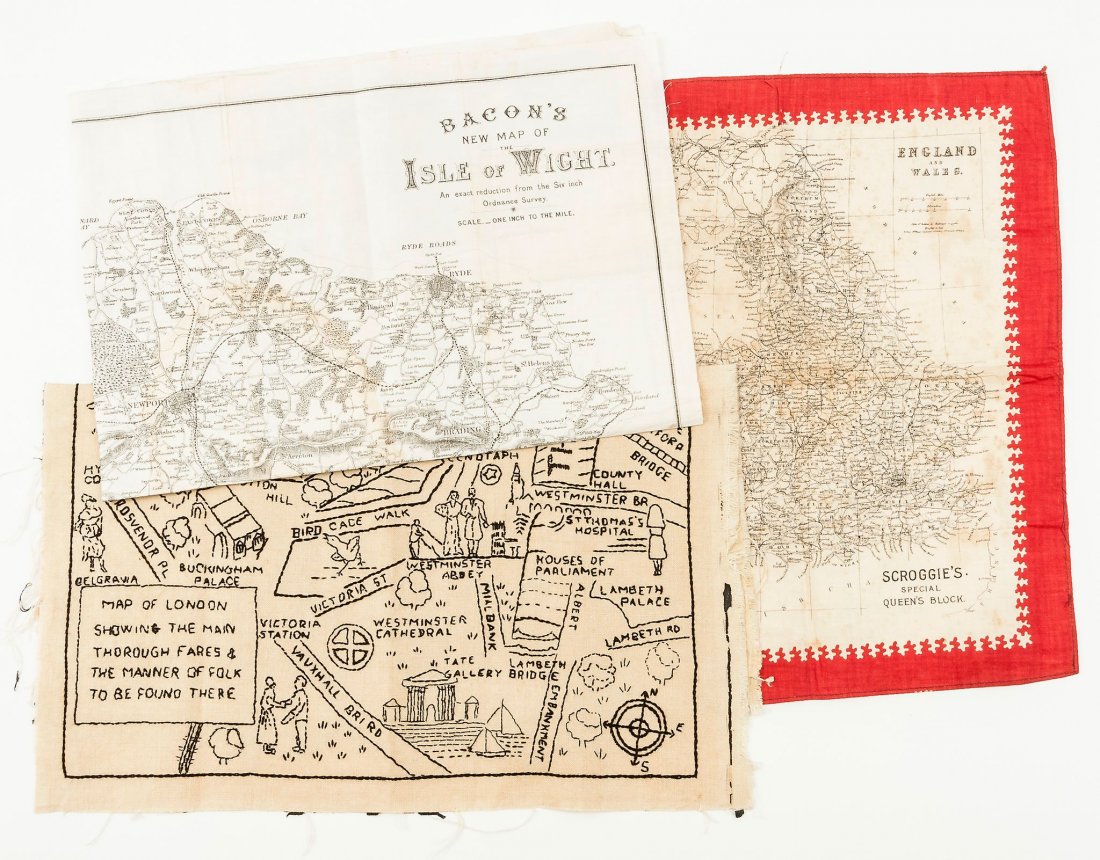 Scroggie.- - Scroggie's Special Queen's Block, England: engraved map of England and Wales printed on a handkerchief, with printed red border, 355 x 300 mm .; with Bacon's New Map of the Isle of Wight, engraved on silk, and an embroidered map of London, var