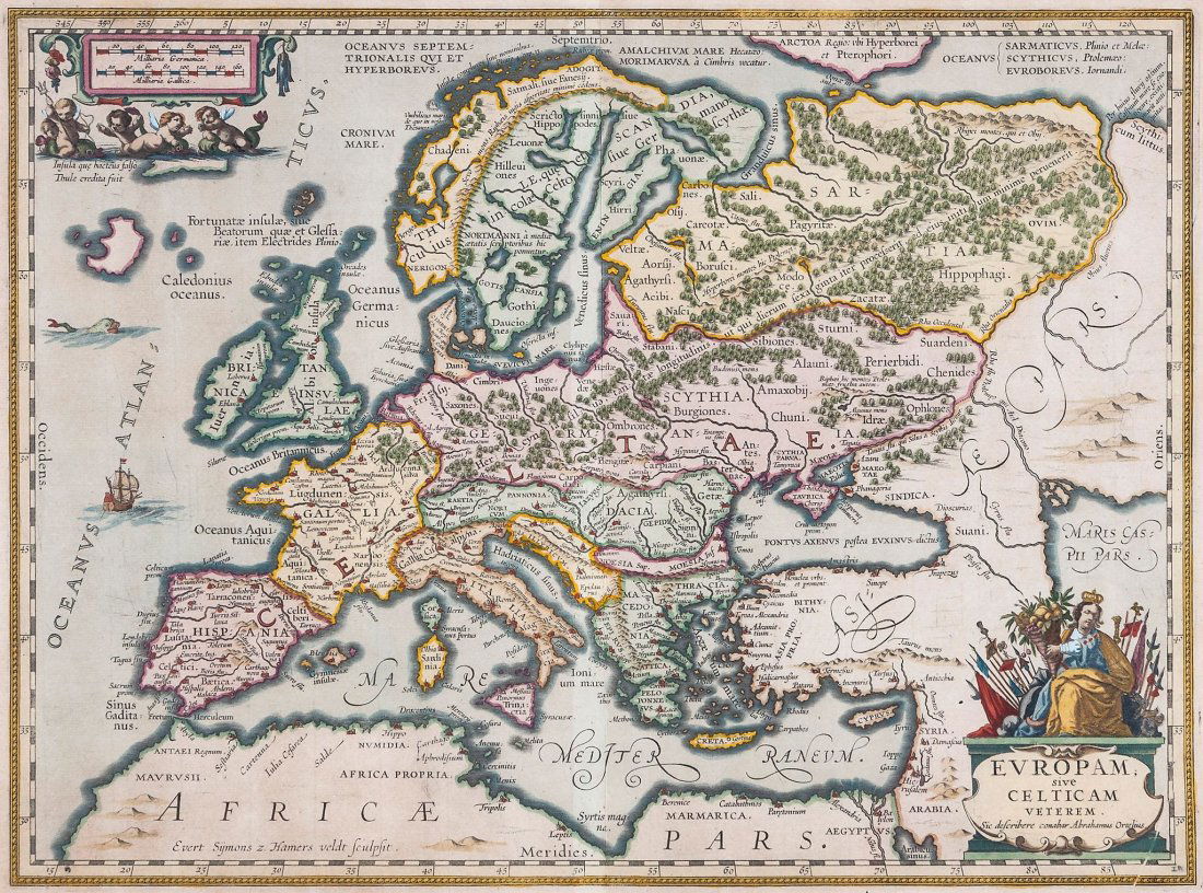 Jansson (Jan) - Europam, sive Celticum veterem,: map of Europe, the Middle East and North Africa in the time of the Celts, after Abraham Ortelius, engraved map with hand-colouring, 350 x 470mm., central vertical fold, without text verso, some pale b