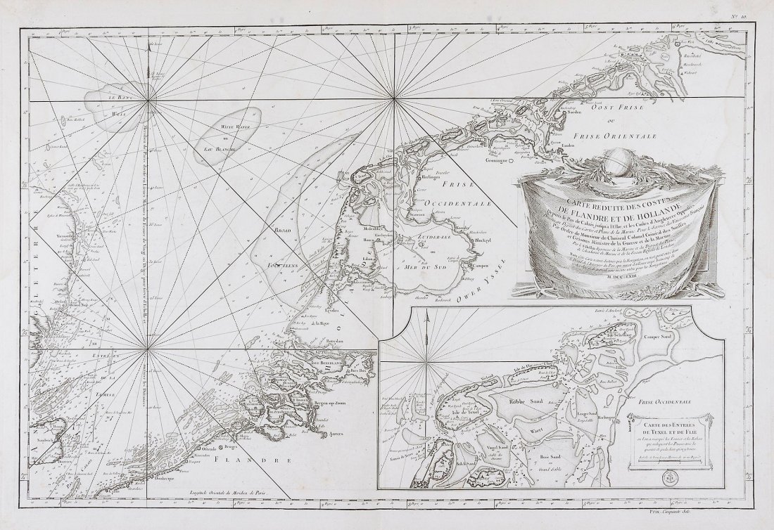 Bellin (Jacques Nicolas) - Carte reduite des costes de: showing Flanders and Holland, with decorative title cartouche, engraved map with hand-colouring, 580 x 900mm., minor damp-staining at upper left and right, Paris, 1763 .
