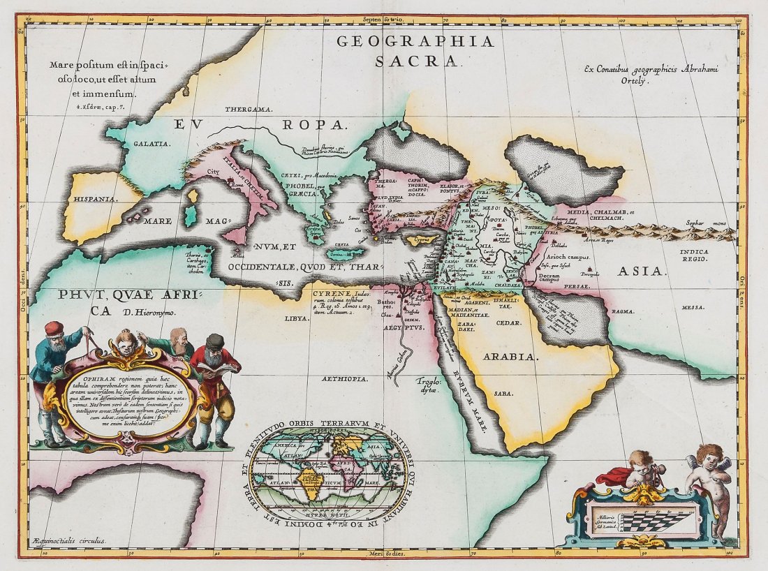 Ortelius (Abraham) - Geographia sacra: depicting Europe, the Middle East and North Africa, without title cartouche, but with decorative text cartouche, and inset map of the world, engraved map with extensive hand-colouring, 360 x 480mm., t