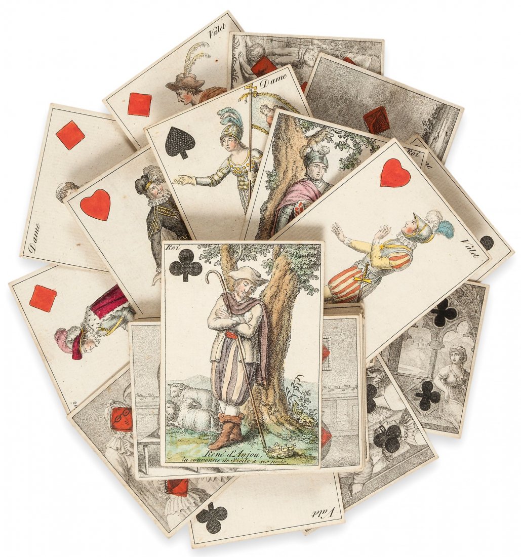 full set of 52 cards, engraved with partial: full set of 52 cards, engraved with partial hand-colouring, original card box with decoration, rubbed and spotted, lacks lid, a few with some slight surface wear, 96 x 68mm., [c. 1810].