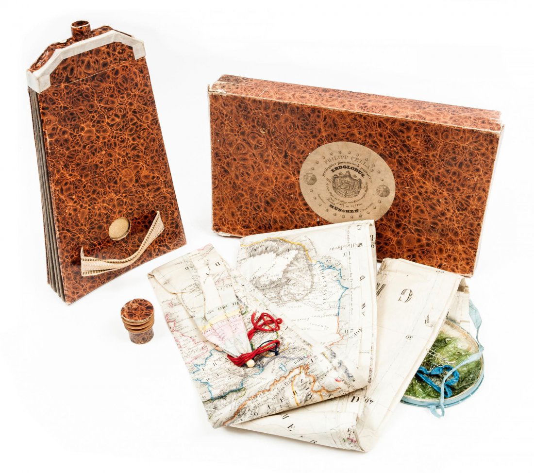 Inflatable Globe.- Cella (Phillipp) - Privilegirter: large lithographed paper globe with original outline hand-colouring, height 1600mm, on 12 gores pasted together, minor creasing but in remarkably good condition, with the original box and bellows, cir