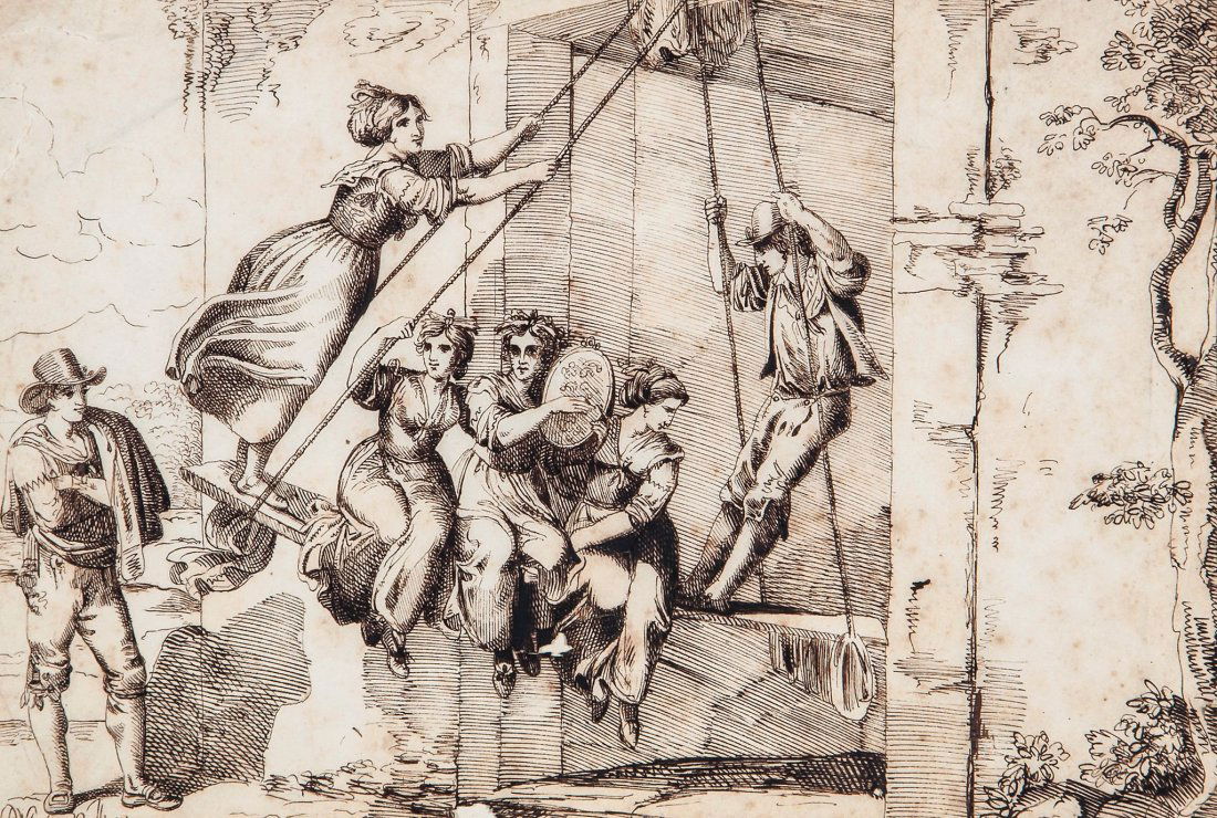 Circle of Bartolomeo Pinelli - The swing,: pen and black ink, on thin japan, 18 x 27 cm. (7 x 10 3/4 in) with a mixed group of nine drawings and watercolours by various artists, including a mongrammed pencil drawing of a lady by Joseph Edward