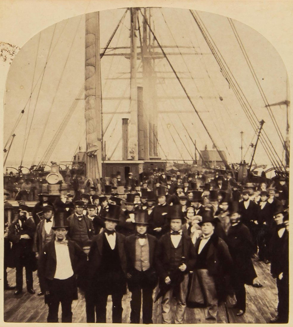 Robert Howlett (1831-1858); George Downes - The Great: Two albumen prints pasted on card in stereoscopic format , London Stereoscopic Company blindstamp on card recto, The Great Eastern in the Stereoscope. Photographed by Special Permission of the Board o