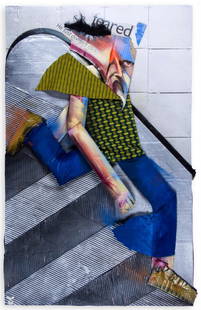 Adam Neate (b. 1977) - He Just Doesn't Click, 2007: acrylic and spray paint on card board, newspaper and fabric, mounted onto board, signed with the monogram at lower left, housed in the artist's frame 38 x 57 in., 97 x 145 cm IMPORTANT: This lot is so