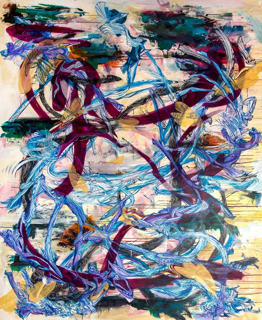 Suling Wang (b. 1968) - The Mountain Chases The River,: oil and acrylic paints on canvas, signed on the upper overlap in english and chinese characters 96 1/2 x 78 3/4 in., 254 x 200 cm