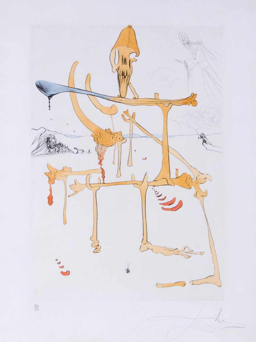 Salvador DalÃ­ (1904-1989) - Paysage avec squelette: engraving with pochoir in colours, signed in pencil, numbered 188/300, from Visions de Quevedo, signed and dated by Bruce Hochman, the director of The Salvador Dali Gallery in California with his rubb