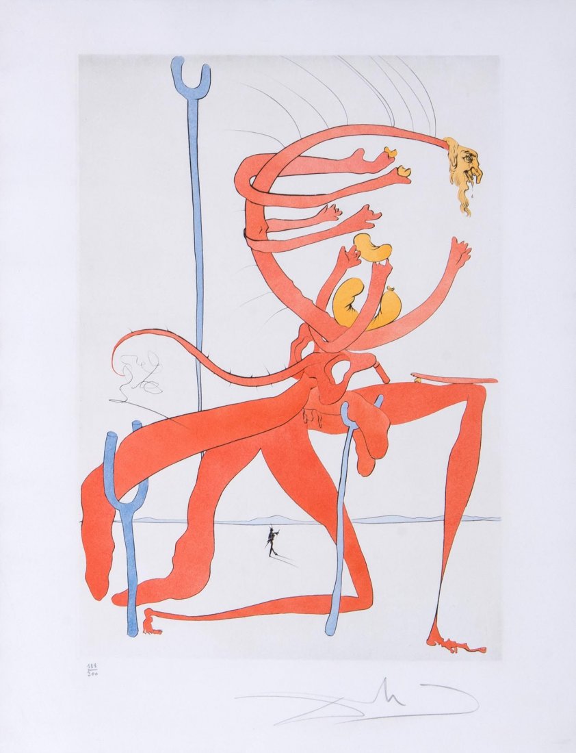 Salvador DalÃ­ (1904-1989) - Figure rouge avec portrait: engraving with pochoir in colours, signed in pencil, numbered 188/300, from Visions de Quevedo, signed and dated by Bruce Hochman, the director of The Salvador Dali Gallery in California with his rubb