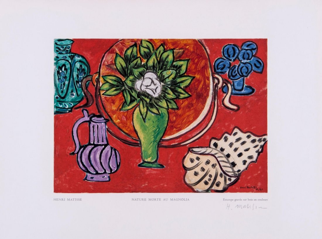 Henri Matisse (1869-1954)(after) - Nature Morte au: wood engraving in colours, 1950, signed in pencil, from the portfolio 'Estampes' by Robert Rey, published by L'Image LittÃ©raire and R. Finelli-FeugÃ¨re, Paris/Nice and New York, on Van Gelder Zon