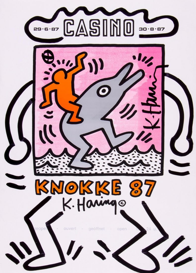 Keith Haring (1958-1990)(after) - Casino Poster 1987: offset lithographic poster with extensive additions black ink, 1987, signed in black ink, on smooth wove paper, with full margins, sheet 720 x 520 mm (28 3/8 x 20 1/2 in)
