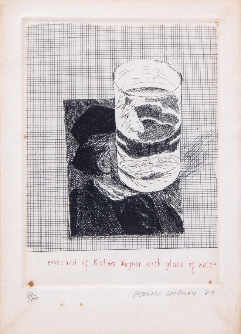 David Hockney (b.1937) - Postcard for Richard Wagner: etching printed in black and red, 1973, signed and dated in pencil, numbered 52/100, as included in The Portfolio of Miniature Prints, published by Bernard Jacobson, London, on wove paper, with full m