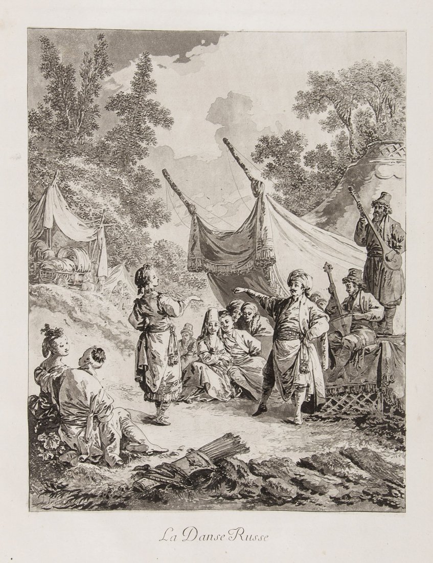 Le Prince (Jean-Baptiste) - Oeuvres,: 157 etched plates only on 62 sheets (of ?160, the number appears to vary), many with aquatint, lightly foxed, one sheet torn slightly affecting one image, contemporary blue paste-paper boards, uncut, 