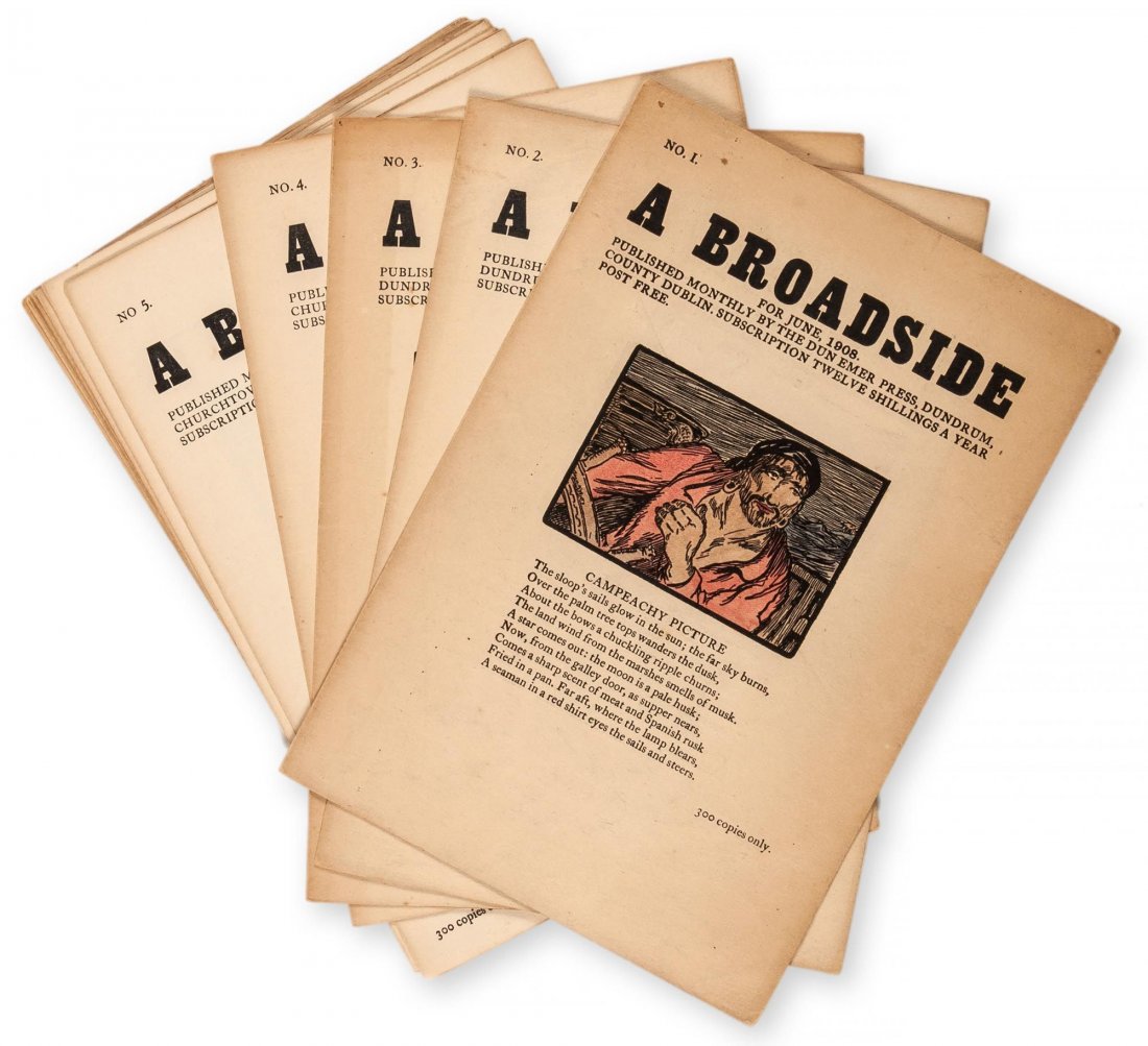Cuala Press.- Yeats (Jack Butler) and others. - A: no.1-12 only (of 84), each 4 pp., one of 300 copies, numerous woodcuts by Jack B. Yeats, many hand-coloured, loose as issued, a little browned with a couple of small spots, 4to, Cuala Press, Dublin, J