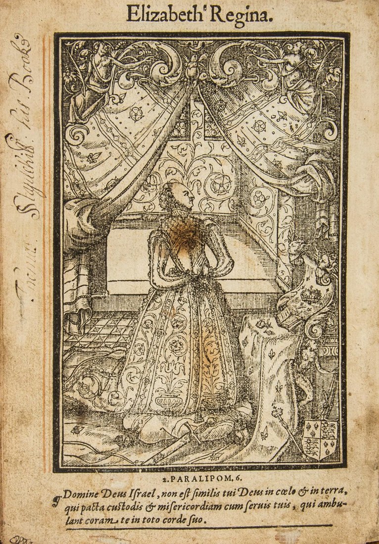 [Day (Richard)] - A Booke of Christian Prayers,: lacks B2 & 3, Y2, and all after 2K4, title in woodcut border of the Tree of Jesse, full-page woodcut of Queen Elizabeth on verso, each p. in (mostly historiated) woodcut borders, some signed 'C I', fi