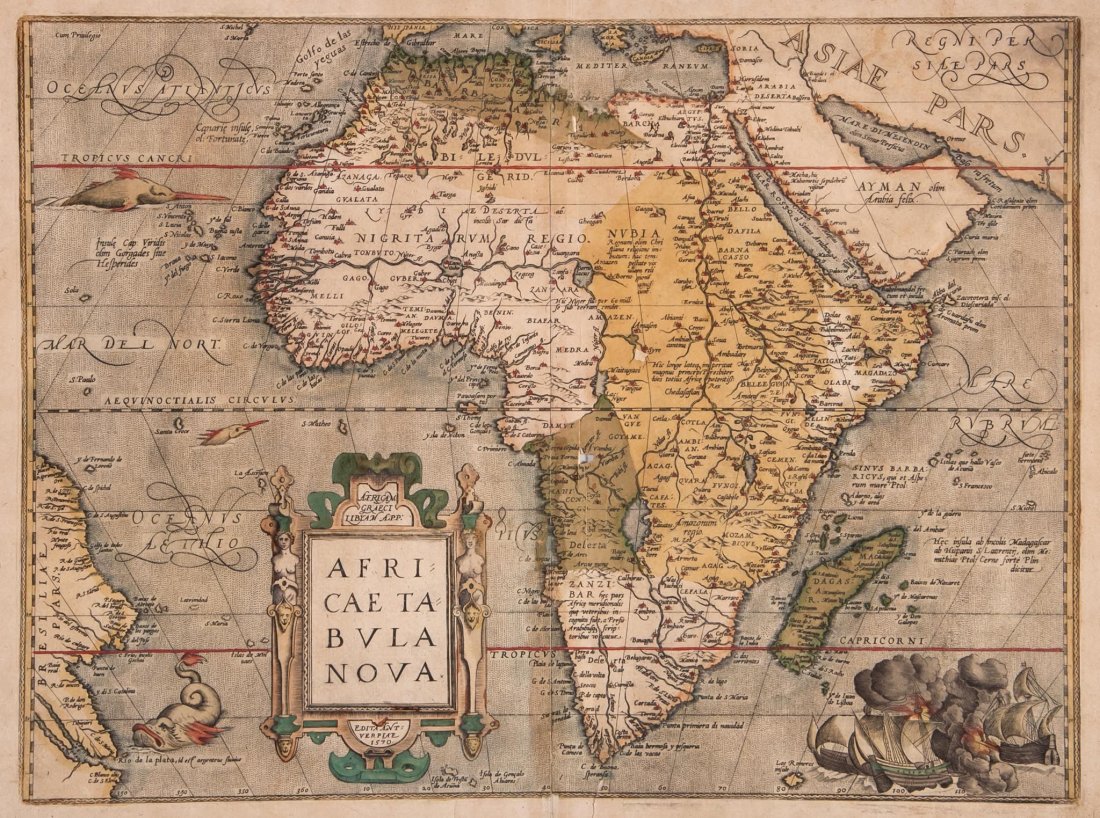 Ortelius (Abraham) - Africae Tabula Nova,: the continent of Africa, showing Saudi Arabia and the east coast of Brasil, large architectural title cartouche supported by busti, lower centre left, 3 sea monsters on the left side, ships in battle 