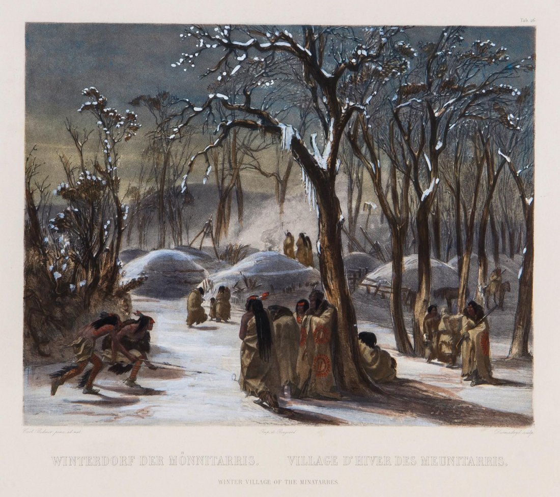 Bodmer (Karl, 1809-1893) - Winter of the Village of the: plate 26 and 28, respectively, both from Travels in the Interior of North America , etchings with aquatint and roulette work, both with hand-colouring, 330 x 410 mm.(13 x 16 1/4 in), Fort Union with a