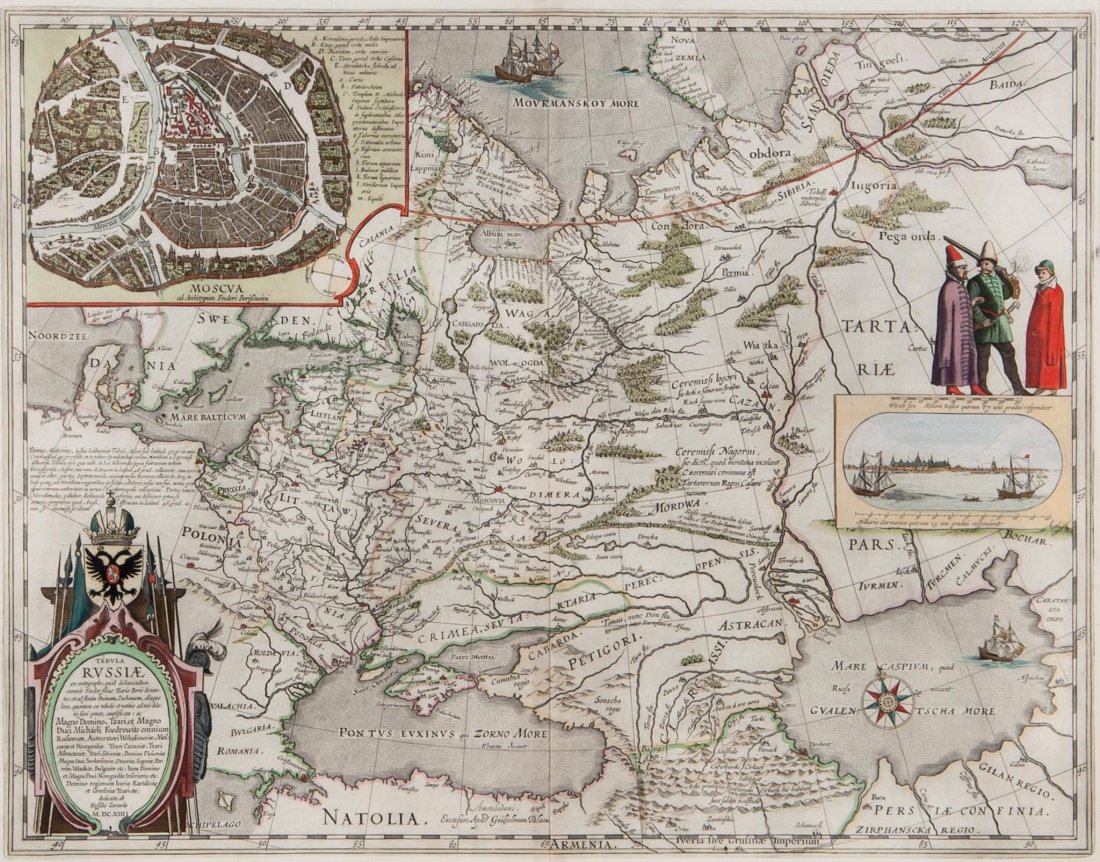 Blaeu (Johan and Willem) - Tabula Russiae ...: map showing Russia, with inset plan of Moscow upper left, vignette view of Arkhangelsk centre right, decorative title cartouche lower right, engraving with some hand-colouring, 425 x 545mm., Dutch tex