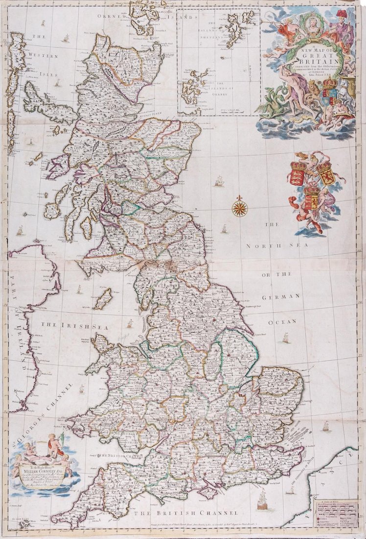 Senex (John) - A New Map of Great Britain,: with inset map of the Orkney and Shetland Islands, and decorative title and dedication cartouches, engraved map with original hand-colouring, 650 x 960mm., on two sheets, joined, a few repairs to hori