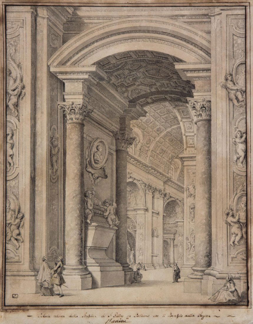 Francesco Panini (1745-1812) - View of the interior of: pen and grey and black ink, grey wash with touches of yellow wash, within black ink framing lines, on buff paper, signed and inscribed in brown ink on the mount, 36.5 x 29cm (14 1/4 x 11 1/4 in) Prove