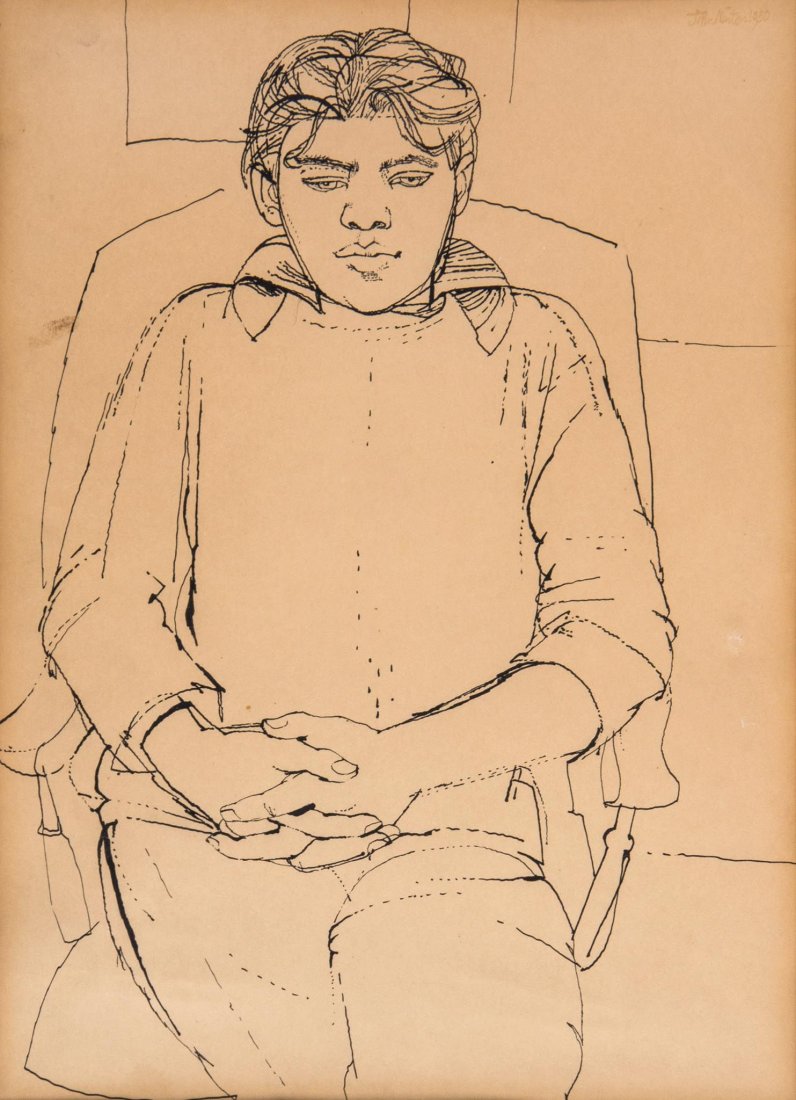 John Minton (1917-1957) - Portrait of a boy,: pen and black ink on buff paper, signed and dated 1950, upper right, 36 x 26 cm (14 1/8 x 10 1/4 in). Provenance: bought at Christies, London, 9th December, 1966. Exhibited: Royal Glasgow Institute of