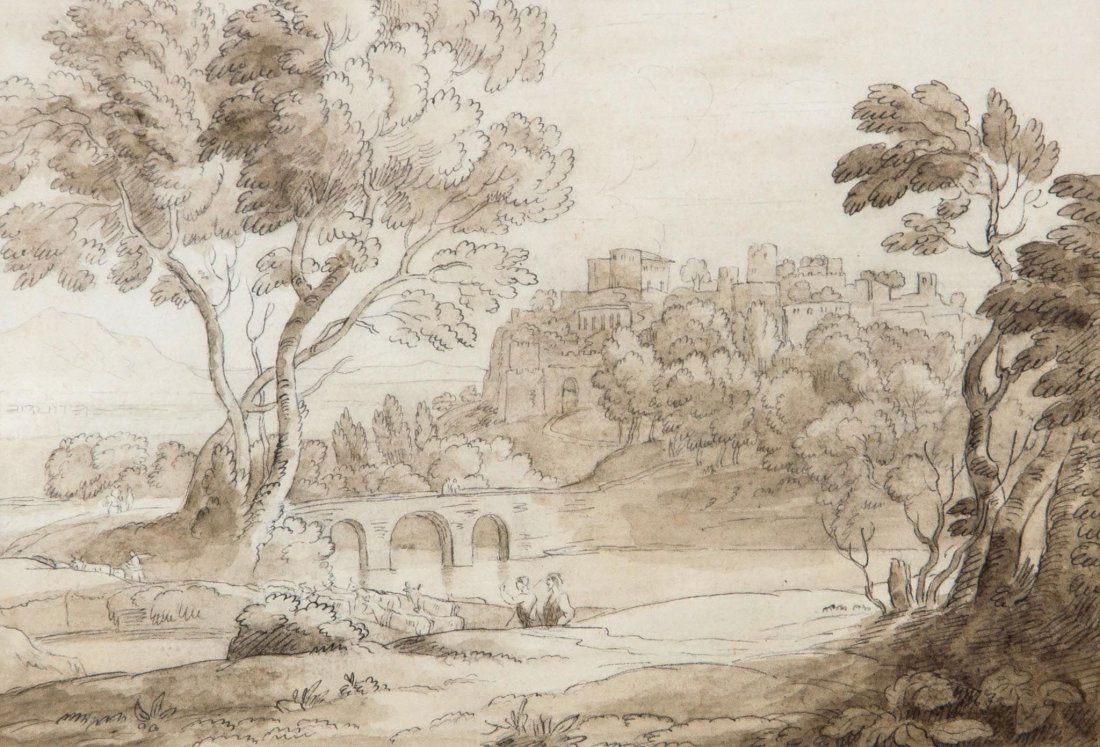 John White Abbott (1763-1851) - Italianate landscape,: pencil, pen and black ink, with sepia wash, 16 x 23 cm. (6 1/4 x 9 in) Provenance: with Thomas Agnew & Sons Ltd., no. 13226, (gallery label on reverse).