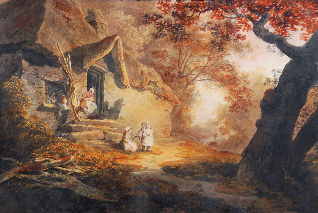 William Payne (1760-1830) - Children playing by a: A pair, watercolour and pencil Both signed Each 38 x 56 cm (15 x 22 in) (2)