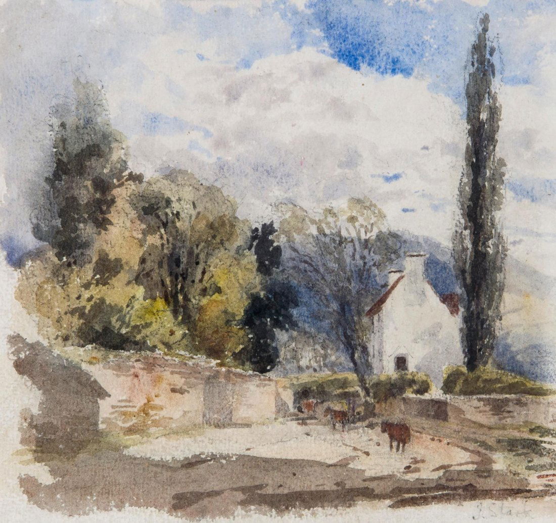 James Stark (1794-1859) - Landscape with cottage,: Watercolour over pencil, signed lower right, 17.5 x 18.5 cm. (6 7/8 x 7 1/4 in) Provenance: The Little Gallery, London (gallery label on reverse).