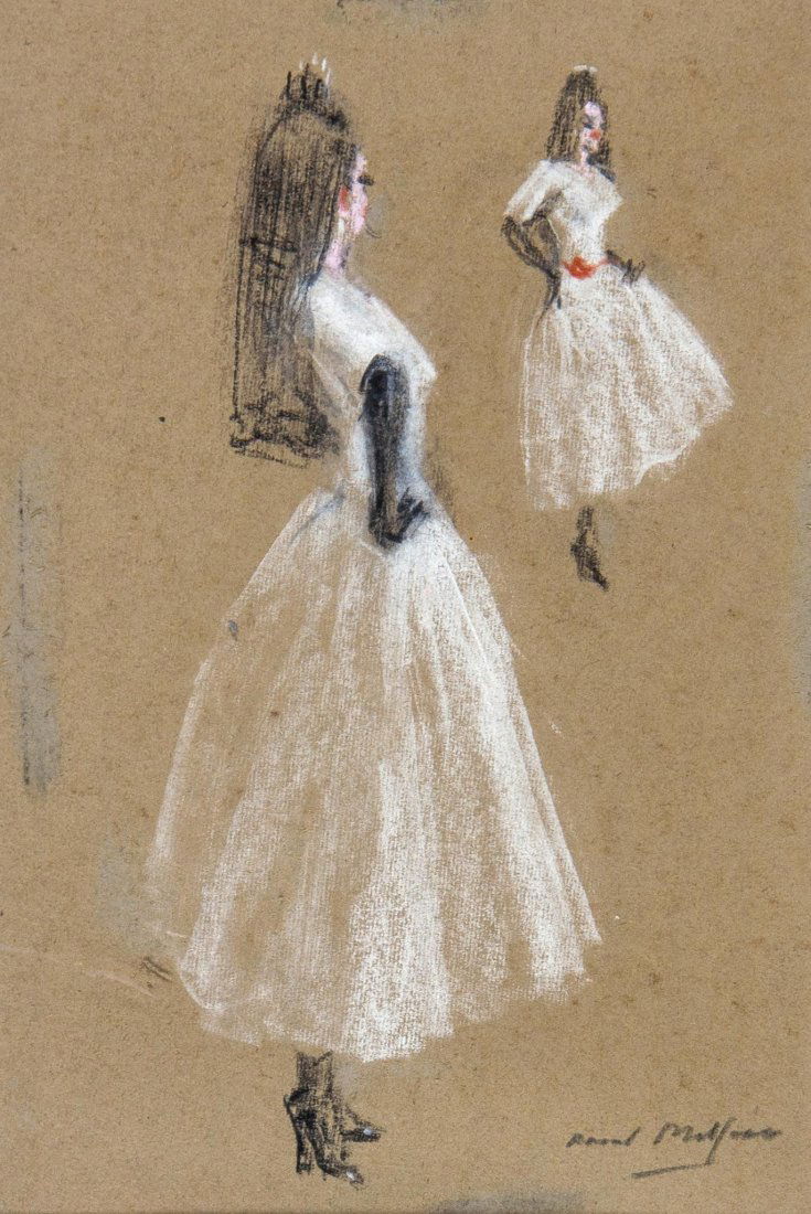 Raoul Millais (1901-1999) - Flamenco Dancer,: charcoal, white chalk and pastel on buff paper, signed lower right, a group of related figure studies in red ink, inscribed, signed by the artist, and dated 1977, on backboard, 25 x 17.5cm (9 7/8 x 6