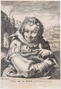 Jan Pietersz Saenredam (c.1565-1607) - A jester leaning: engraving, on laid paper, circa 1595, [B. 103; Holl. 123.I], 250 x 175 mm. (9 3/4 x 6 3/4 in) .