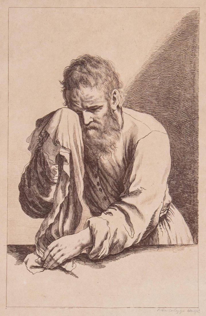 Francesco Bartolozzi RA (1727-1815) - Study of a: after Guercino, etching printed in sepia, proof before letters, inscribed F. Bartolozzi sculpt in pencil, lower right, 310 x 240mm. (12 1/4 x 9 1/2 in); with a colour-printed stipple-engraving of Spri