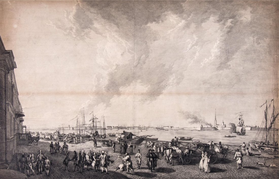 Jacques Philippe Le Bas (1707-1783) - Vue de St: after Jean Baptiste Le Prince, engraving and etching, on laid paper, circa 1778, lettered in French, 525 x 730 mm. (20 1/2 x 28 1/2 in); with a hand-coloured lithograph by James Godby of Count Platoff