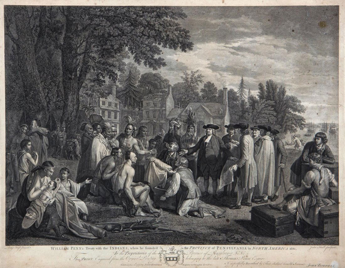 John Boydell (1719-1804, Publisher) - William Penn's: after Benjamin West, engraving with etching, by John Hall, circa 1775, 480 x 610 mm. (19 x 24 in).