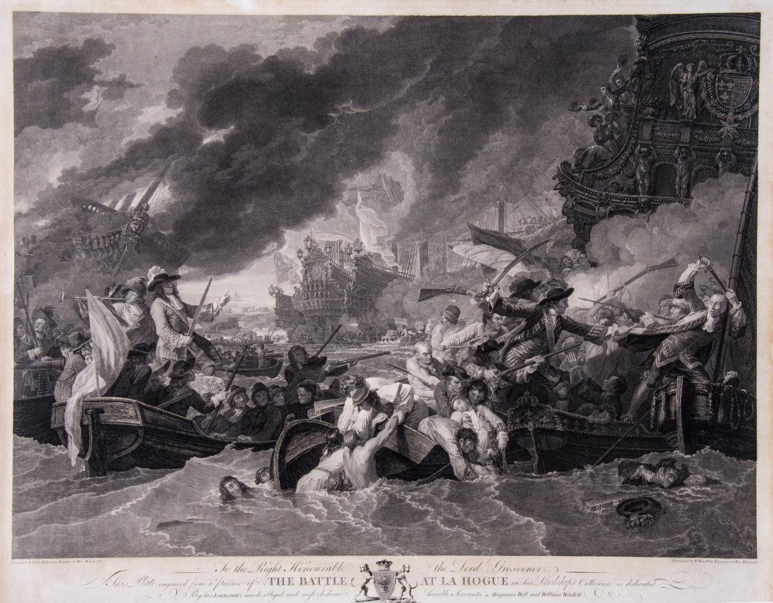 William Woollett (1735-1785) - The Battle of La Hogue,: engraving after Benjamin West PRA, 1781, by the artist, engraver and J. Hall, 485 x 620mm. (19 1/8 x 24 3/8 in), unframed.