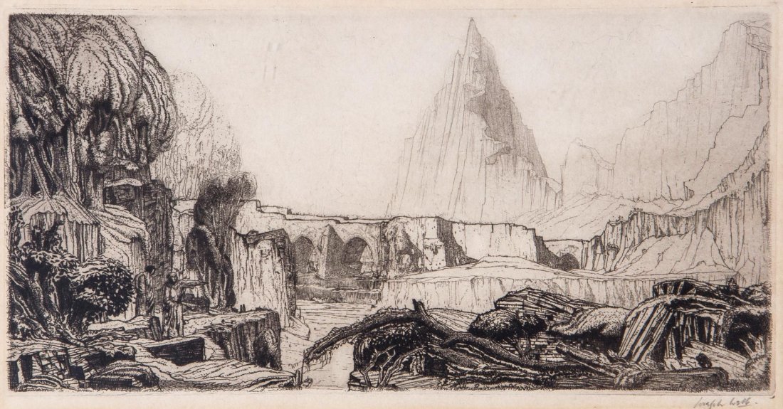 Joseph Webb (1908-1962) - A master's house,: etching, signed lower right, circa 1930, [Guichard, 24] , 175 x 345 mm. (6 3/4 x 13 3/4 in) Provenance: with collector's stamps of Beryl Gascoigne and Jane Furst on reverse of frame. IMPORTANT: This l