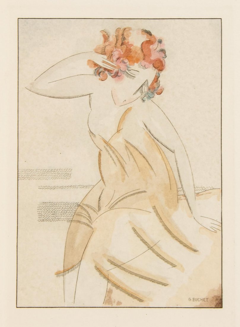Verlaine (Paul) - Les Amies,: one of 425 copies, 13 plates by Gustave Buchet, captioned tissue-guards, browning to front endpapers, loose as issued in original wrappers, glacine dust-jacket, original buckram slip-case, 4to, Paris,