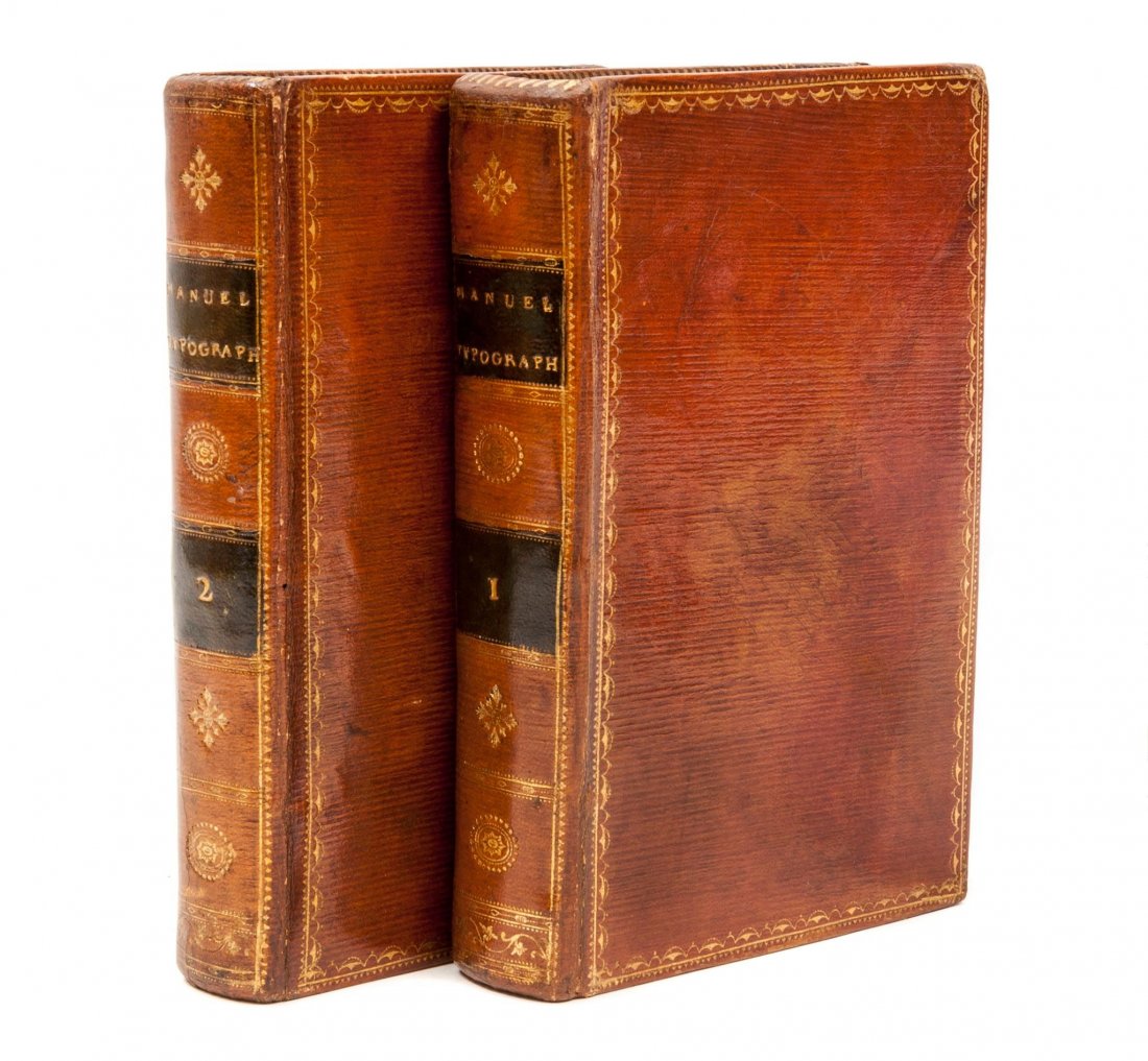 Fournier [(Pierre-Simon)] - Manuel Typographique,: utile aux gens de lettres, 2 vol., first edition , vol.I half-title, engraved frontispieces and engraved titles within borders, engraved portrait, 16 folding engraved plates and 5 folding sheets of mu