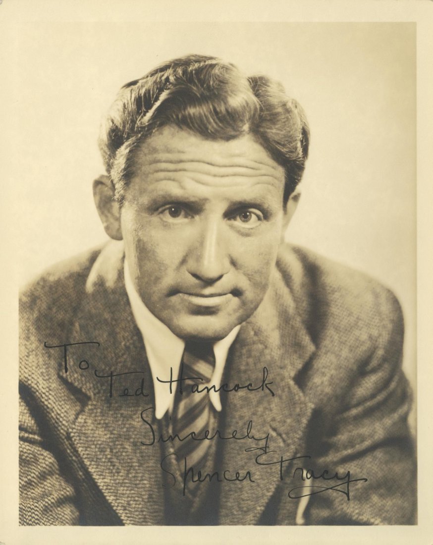 SP A vintage sepia 10 x 8" MGM photo of Spencer Tracy: SP A vintage sepia 10 x 8" MGM photo of Spencer Tracy by Clarence S. Bull, clearly inscribed and signed in black ink, "To Ted Hancock, Sincerely Spencer Tracy". Very minor bumping to corners, but over