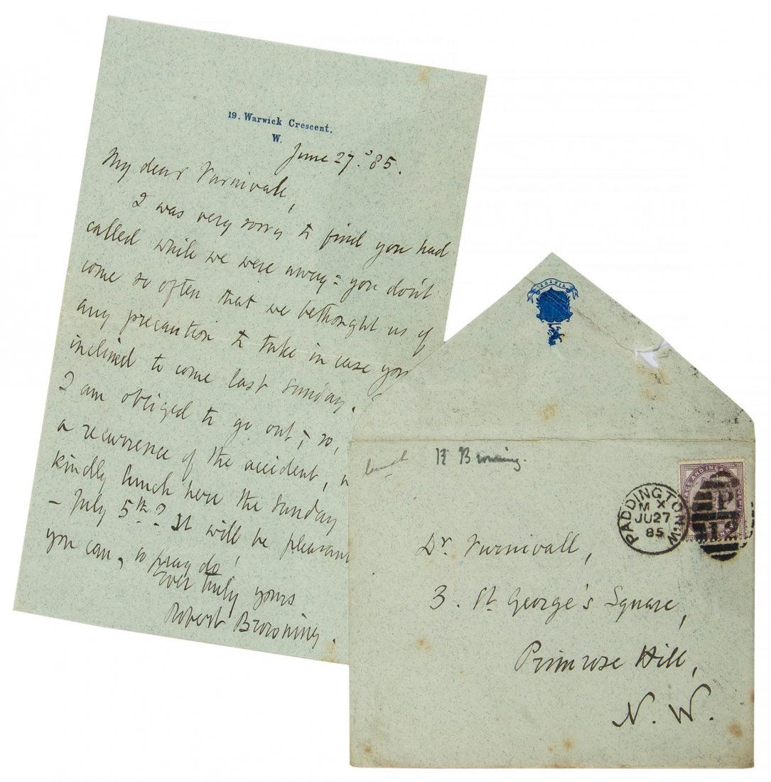 ALS A 17.5 x 11.5 cm letter from the poet Robert: ALS A 17.5 x 11.5 cm letter from the poet Robert Browning to [Frederick James] Furnivall. 1 octavo, written in ink and signed by the author. The letter is dated June 27. â€¦ and asking to rearrang