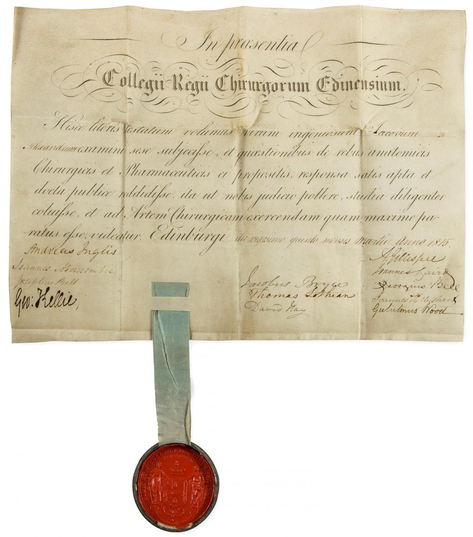 Edinburgh.- Diploma awarded to James Alexander: Edinburgh.- Diploma awarded to James Alexander, qualified to practise medicine following examinations in anatomy, surgery and pharmacy, D. signed by the 12 examiners, engraved document on vellum, with
