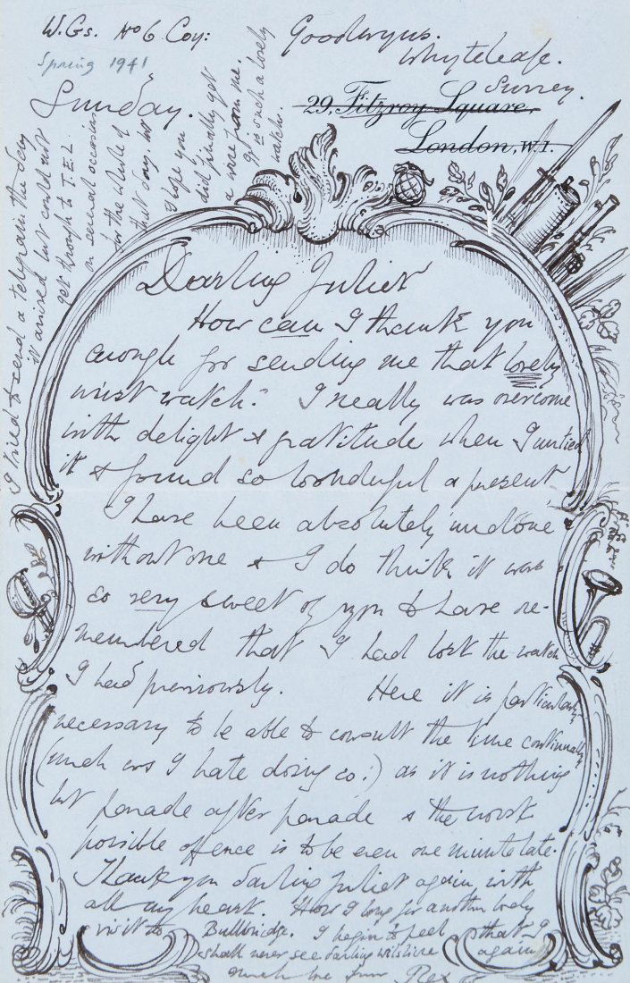 Collection of letters, including 25 Autograph Letters: (Reginald John [Rex], artist, 1905-44) Collection of letters, including 25 Autograph Letters signed, & 6 Autograph Postcards signed (15 envelopes) to Lady (Gladys Mary) Juliet Duff, Bulbridge House, W