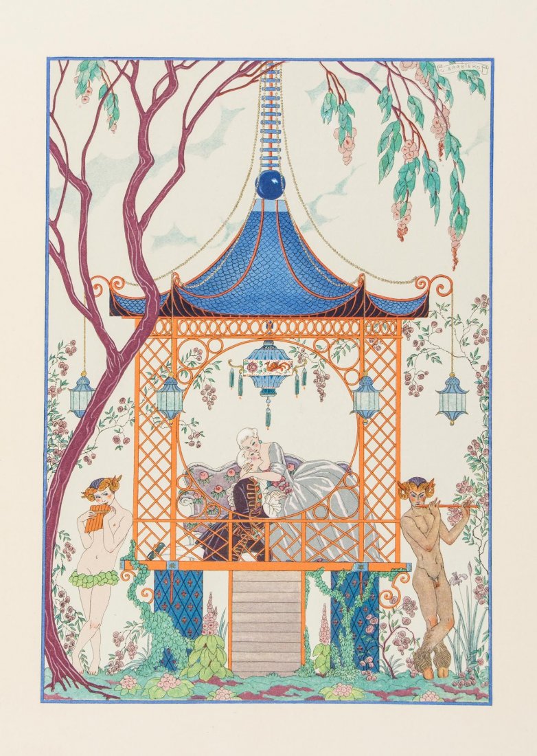 Barbier (George).- Verlaine (Paul) - Les FÃ©te: number 632 of 1025 copies, title and 21 pochoir-coloured plates by George Barbier, tissue guards, original wrappers, pochoir vignettes on covers, tanned, in original slip-case, a very good copy, 4to,